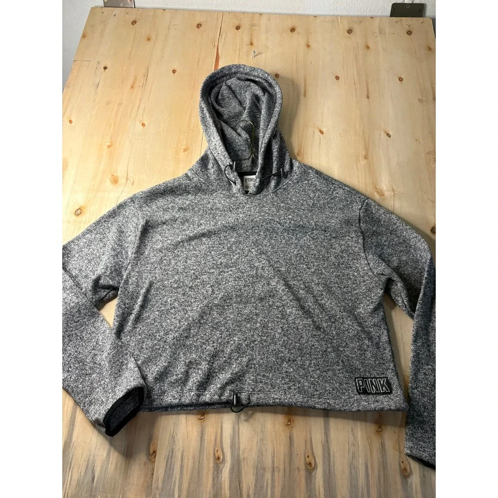 Pink Victoria's Secret Womens Marled Knit Hoodie Grey Pullover Logo Patch Medium